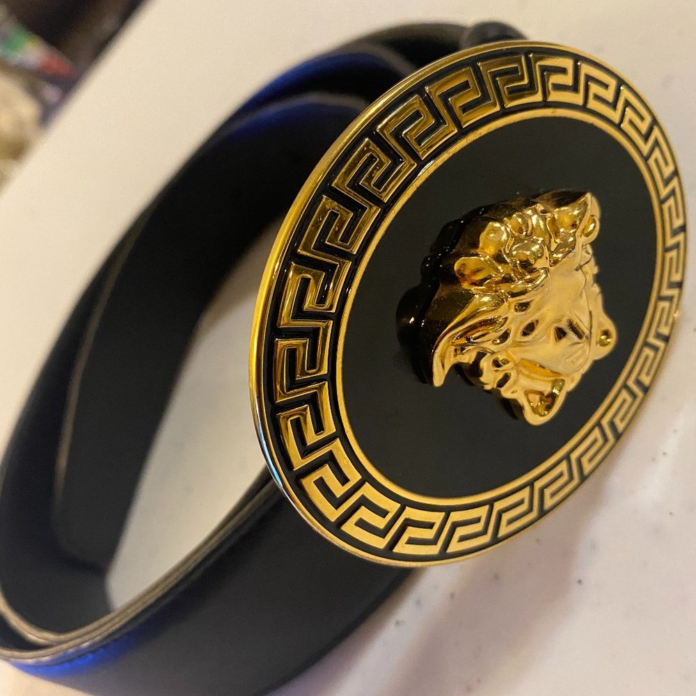 Versace Black Leather Vitello Belt Gold Medallion Buckle